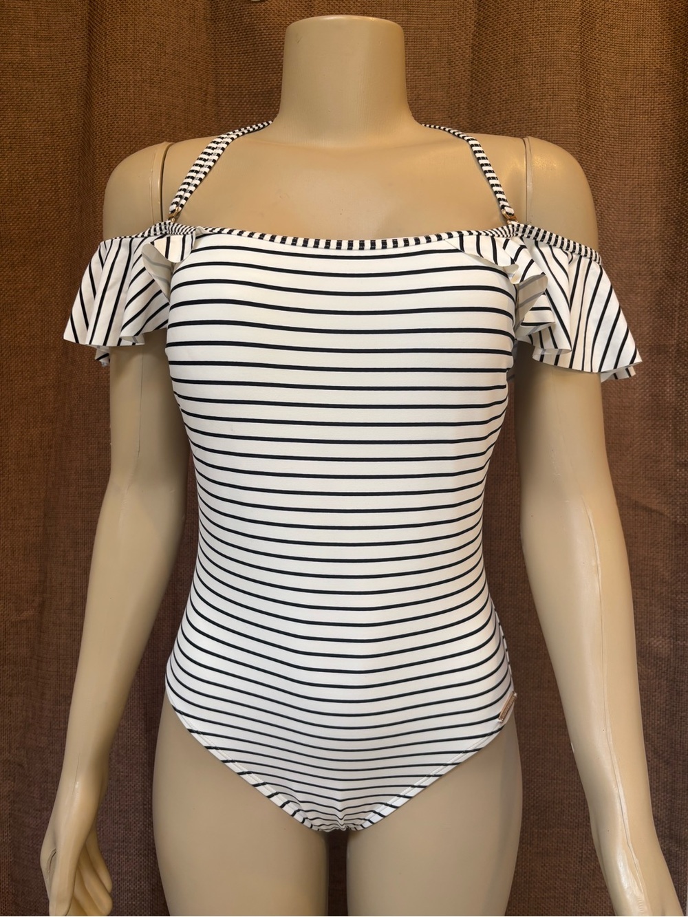 Vince Camuto Black & White Striped Off-Shoulder One-Piece Swim